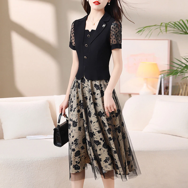 网纱拼接连衣裙夏季2025年新款长款显瘦显高中年气质遮肚子裙子