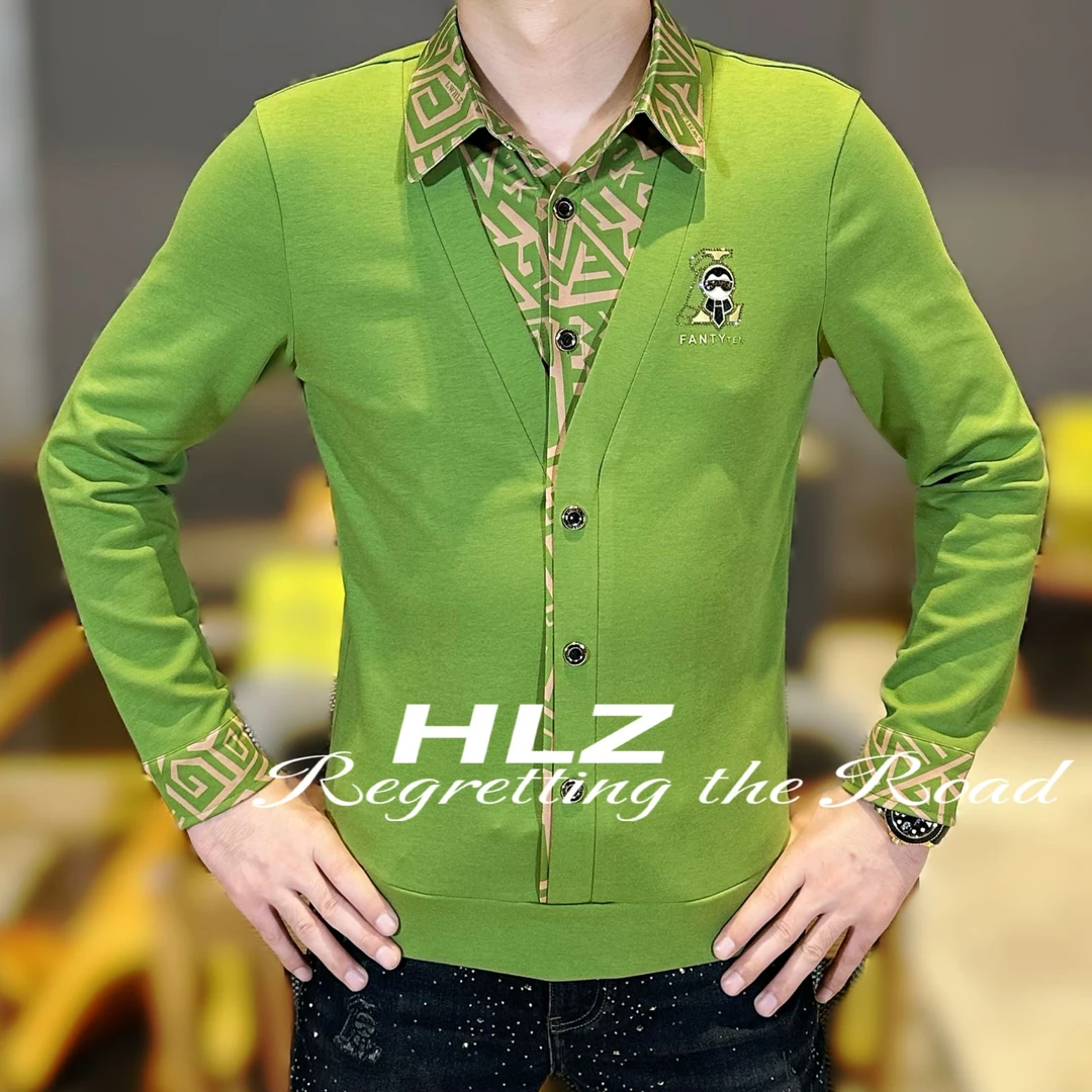 2025秋冬小佛爷男士新款休闲修身弹力百搭翻领假两件长袖打底衫