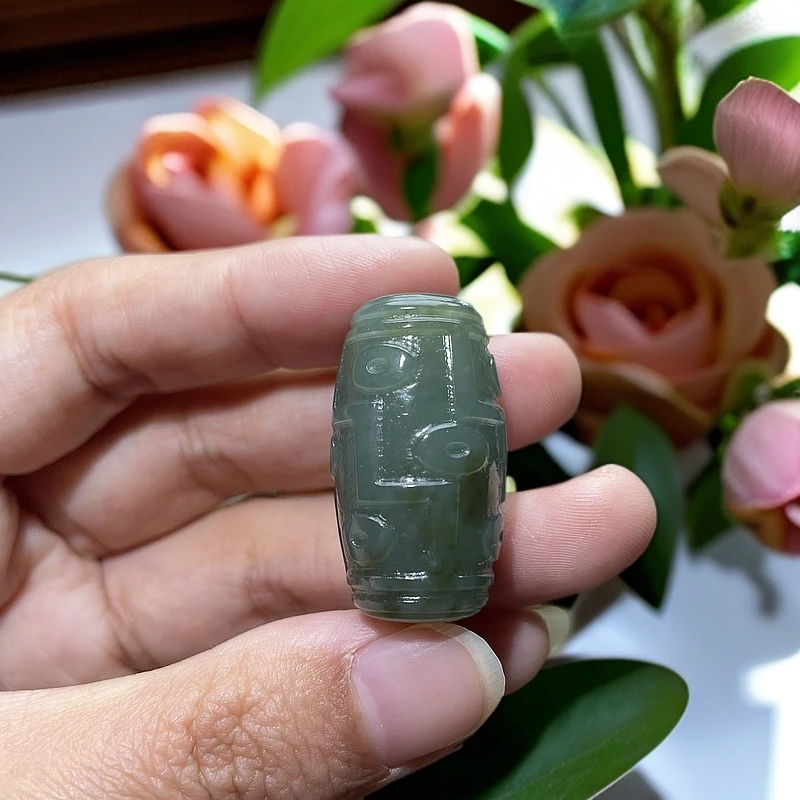 天然和田玉新疆且末蓝带糖桶珠吊坠挂件31.4-16.8