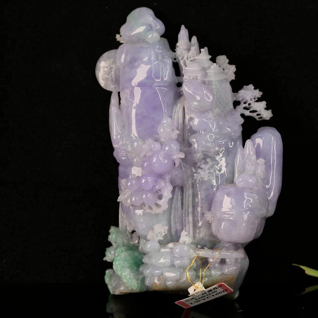 39天然缅甸翡翠A货冰春彩山水摆件一对/100571保利厦门拍卖