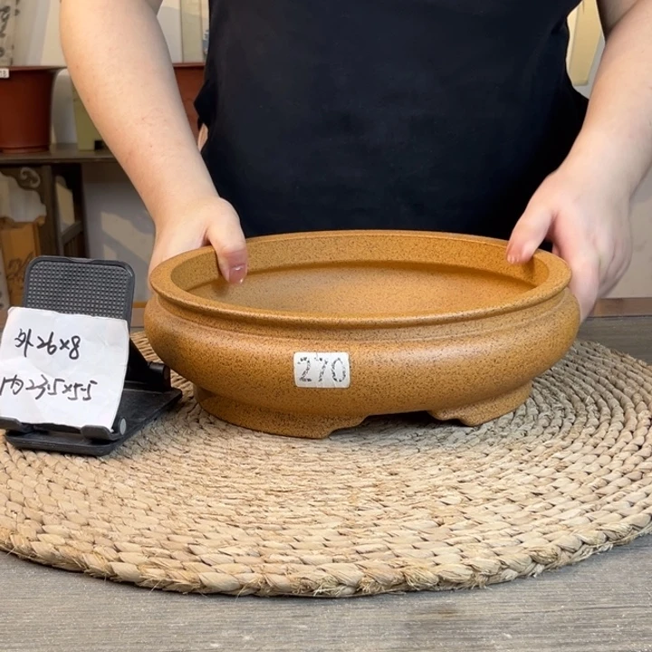 花盆紫砂  柴烧束口浅圆270
