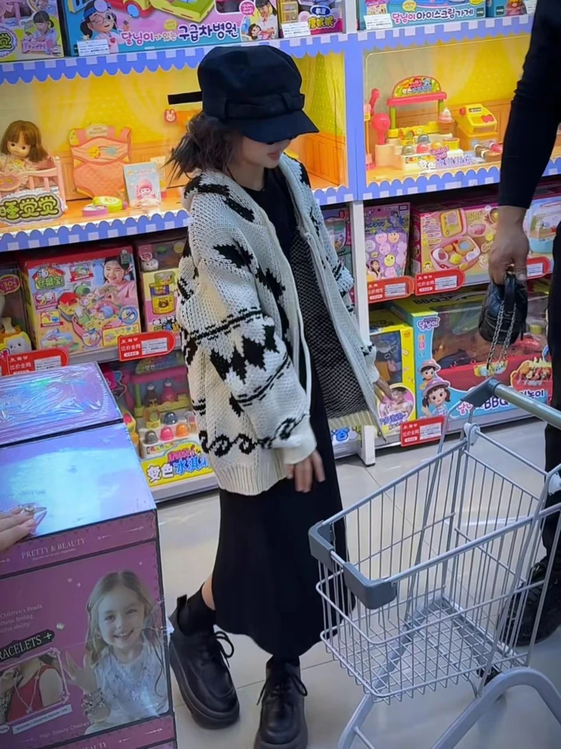 韩系连帽同款个性撞色慵懒风毛衣拉链开衫外套女韩版宽松拉链上衣