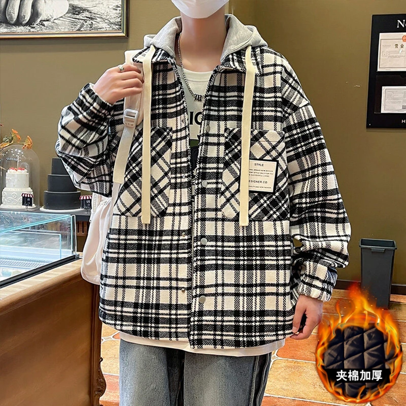 假两件夹克男春秋季新款男装连帽格子开衫外套大码高街休闲上衣