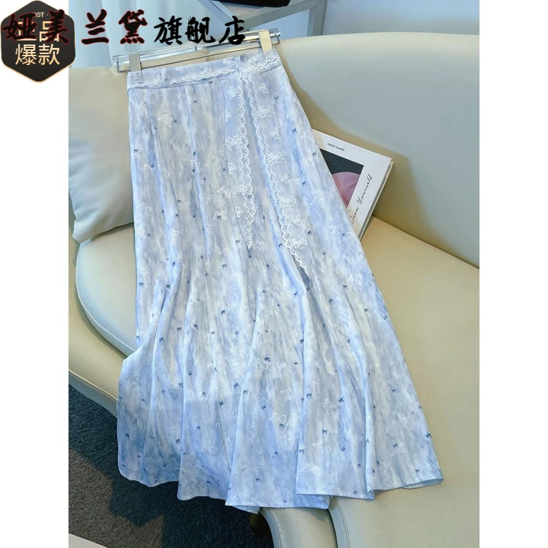 蓝色碎花半身裙女夏薄款2025新款印花垂坠感百褶裙气质显瘦a字裙