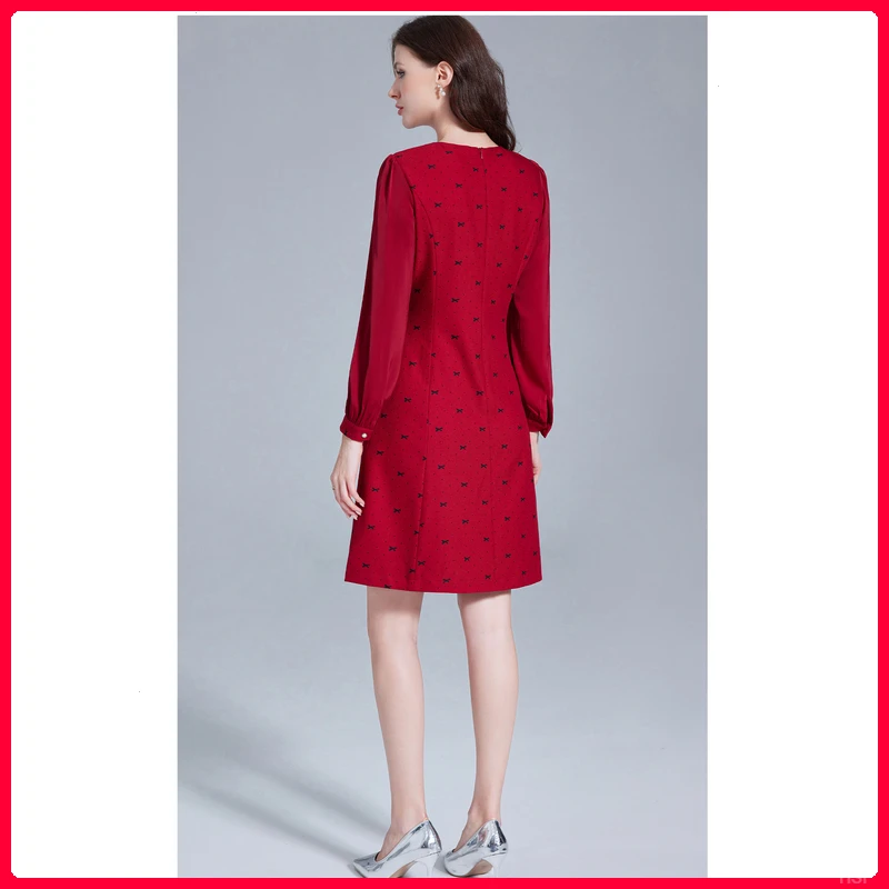 2025法式复古蝴蝶结红色连衣裙秋冬新款独特别致长袖印花打底裙