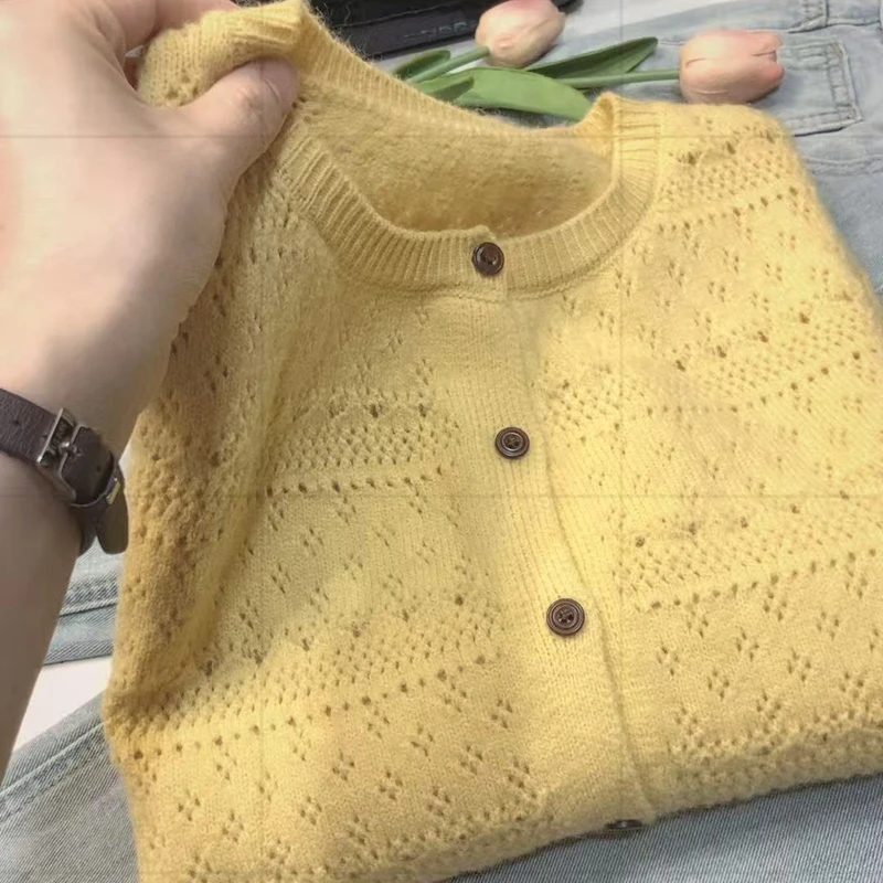 洋气开衫长袖秋季圆领提花女毛针织衫黄色上衣