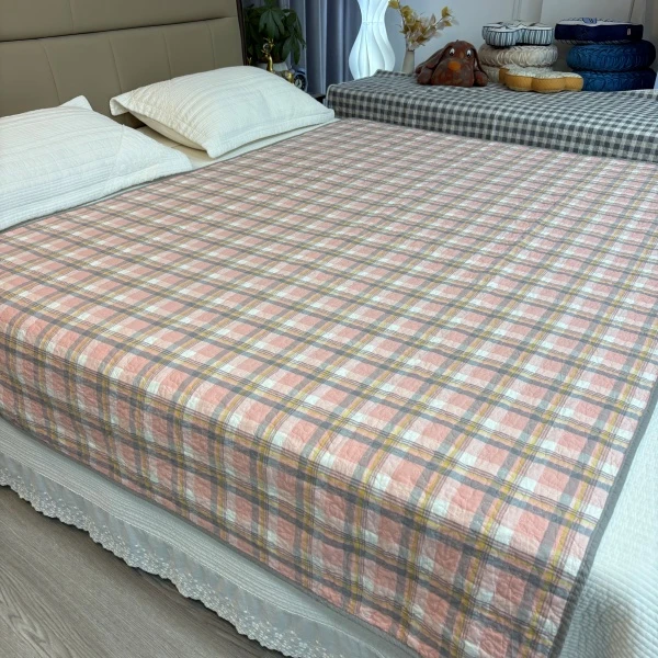 全棉色织纯棉四季款床盖夹棉简约格子可机洗吸汗透气学生宿舍隔脏