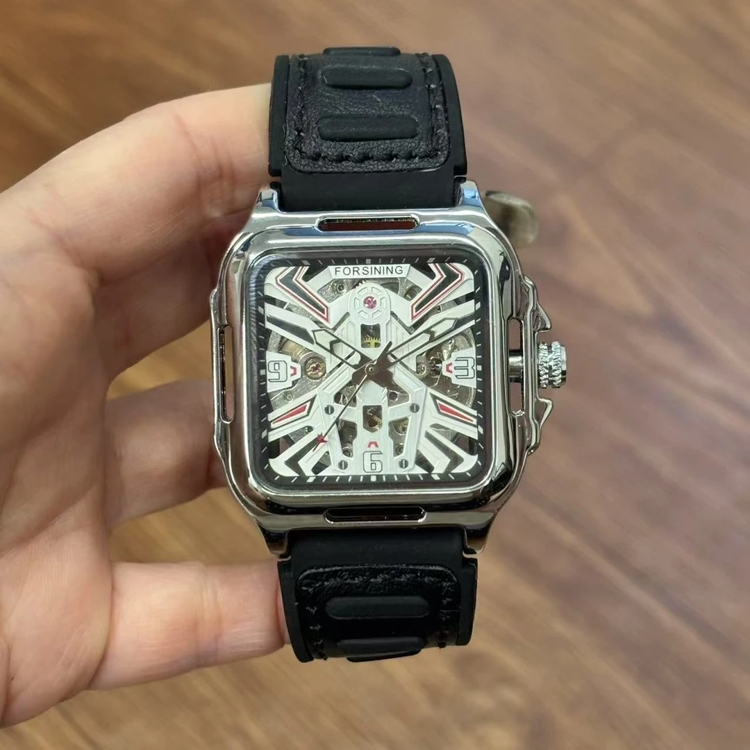 FORSINING品牌正品镂空正方形全自动机械表硅胶男士手表个性腕表