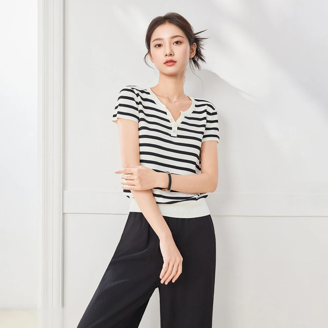 IEF/爱依服2025夏季新款韩版成熟通勤气质条纹显瘦百搭毛织上衣