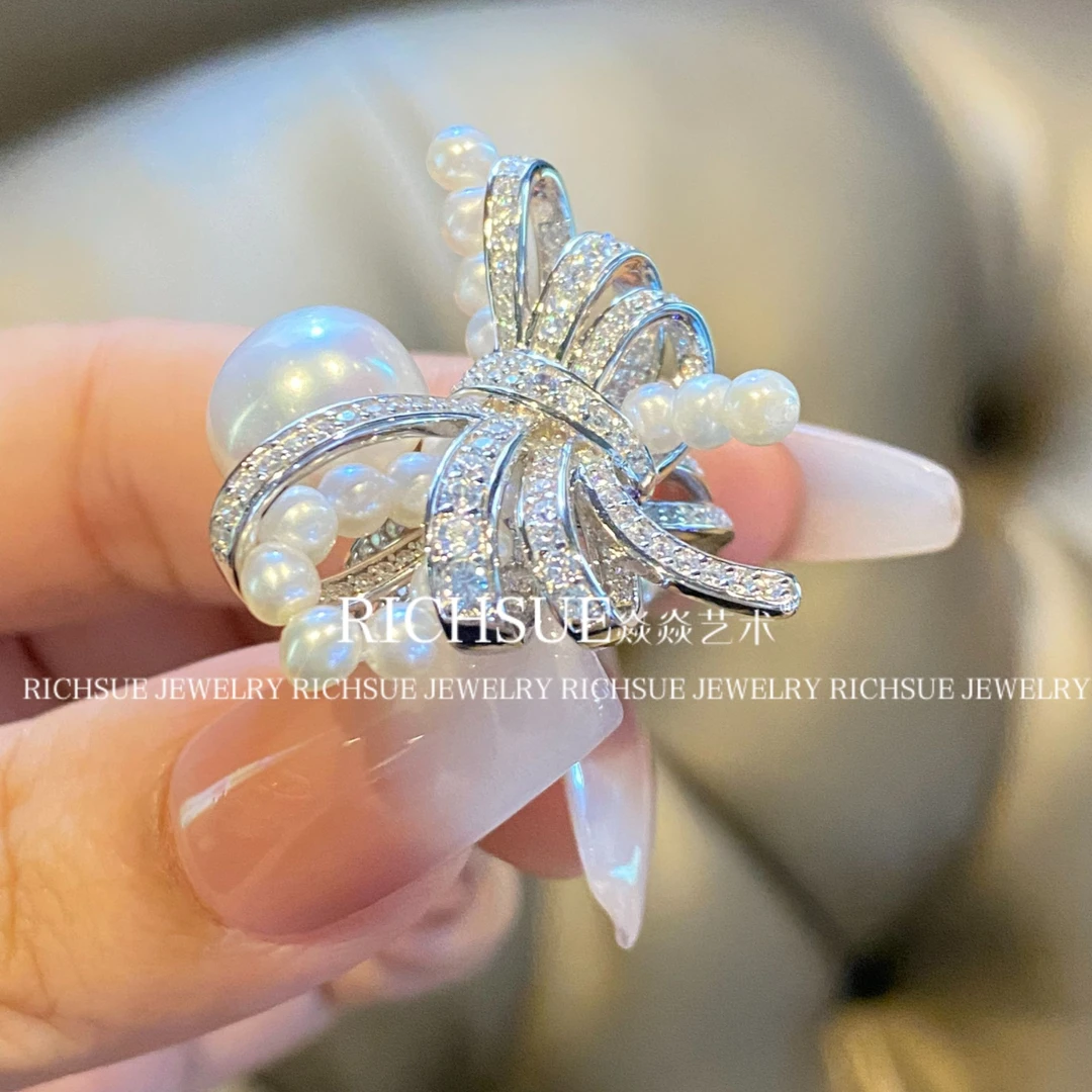 非金属合成锆石戒指 RICHSUE 蝴蝶结白色戒指s925银镀金 时尚精致