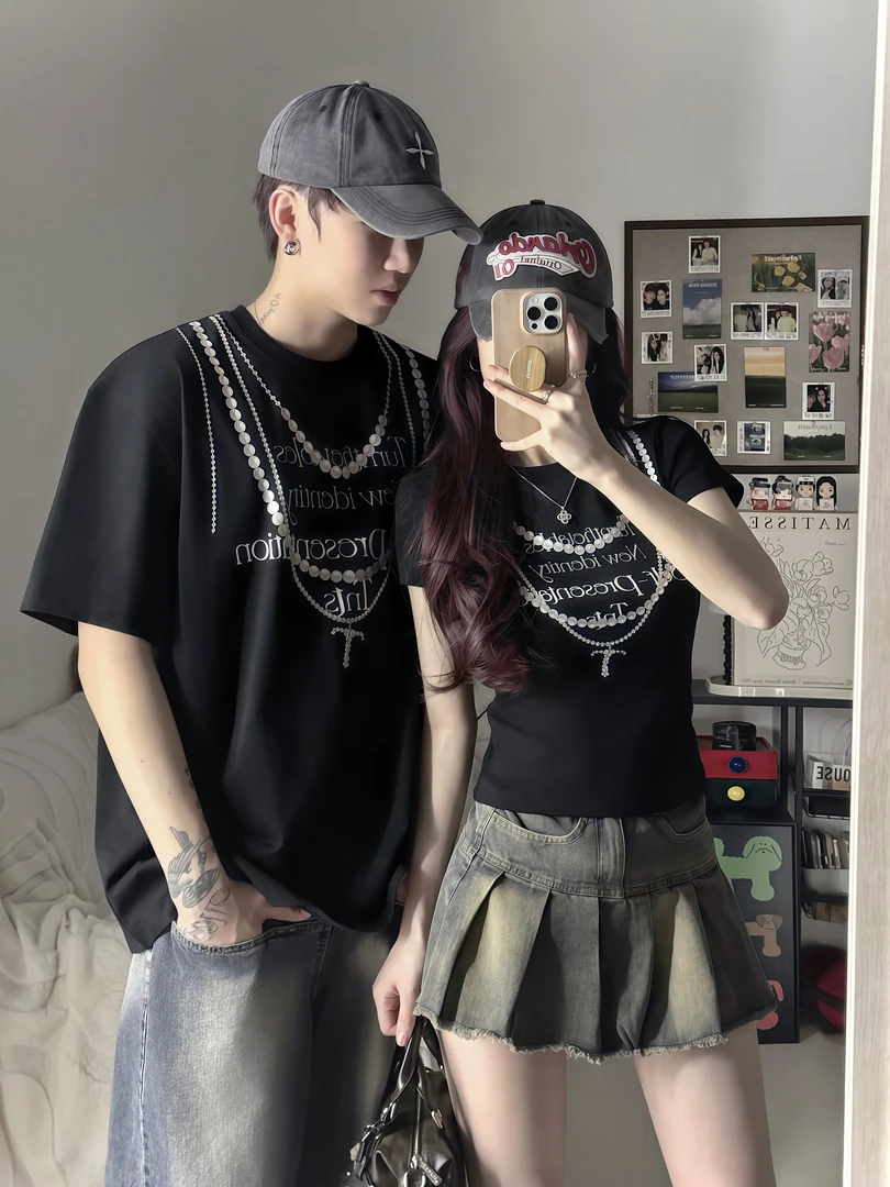 情侣装夏季小众美式圆领印花宽松短袖T恤辣妹风半裙法式一裙一衣