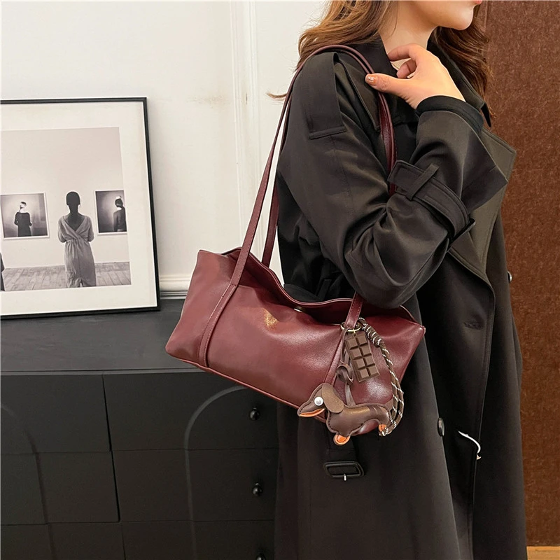 【工厂直销】2024时尚托特百搭轻奢女士斜挎单肩包6005酒红色
