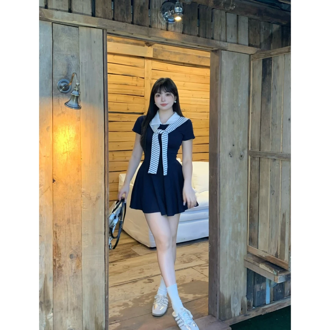 MengFairy现货【知世小姐】带披肩收腰A摆翻领弹力短袖连衣裙6020