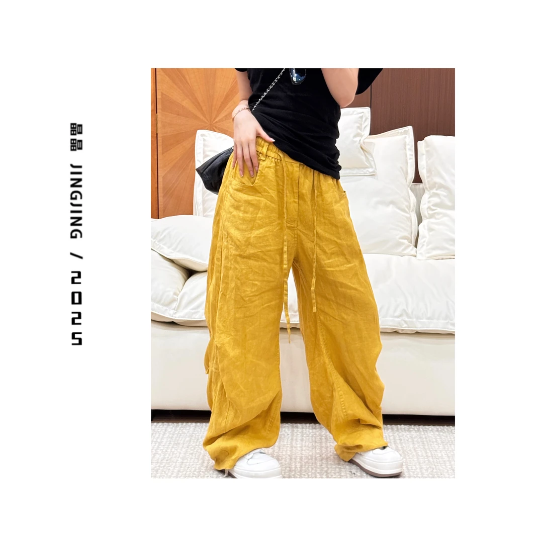 XIAOJING 【呼吸】松紧高腰休闲弯刀直筒拖地100亚麻裤