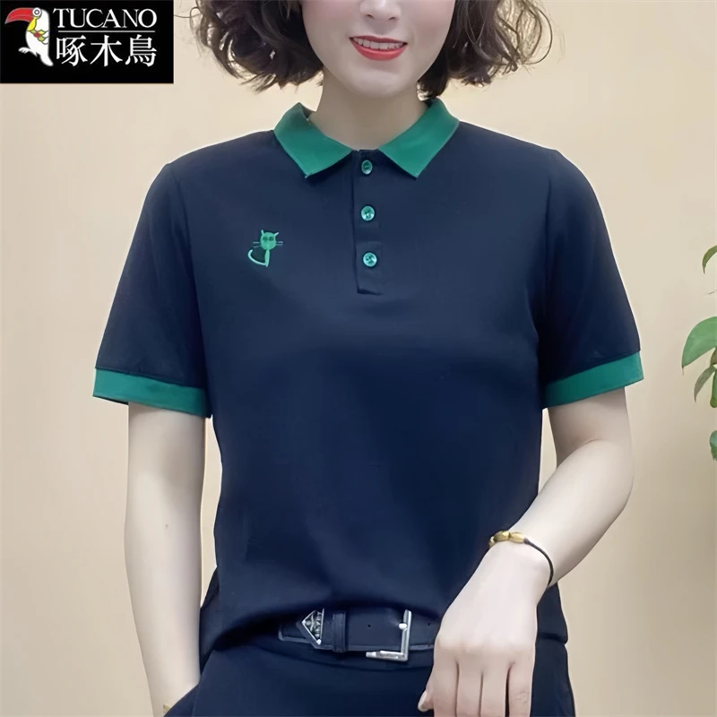 啄木鸟夏季薄款POLO领刺绣短袖T恤女2025年新款休闲百搭拼色上衣