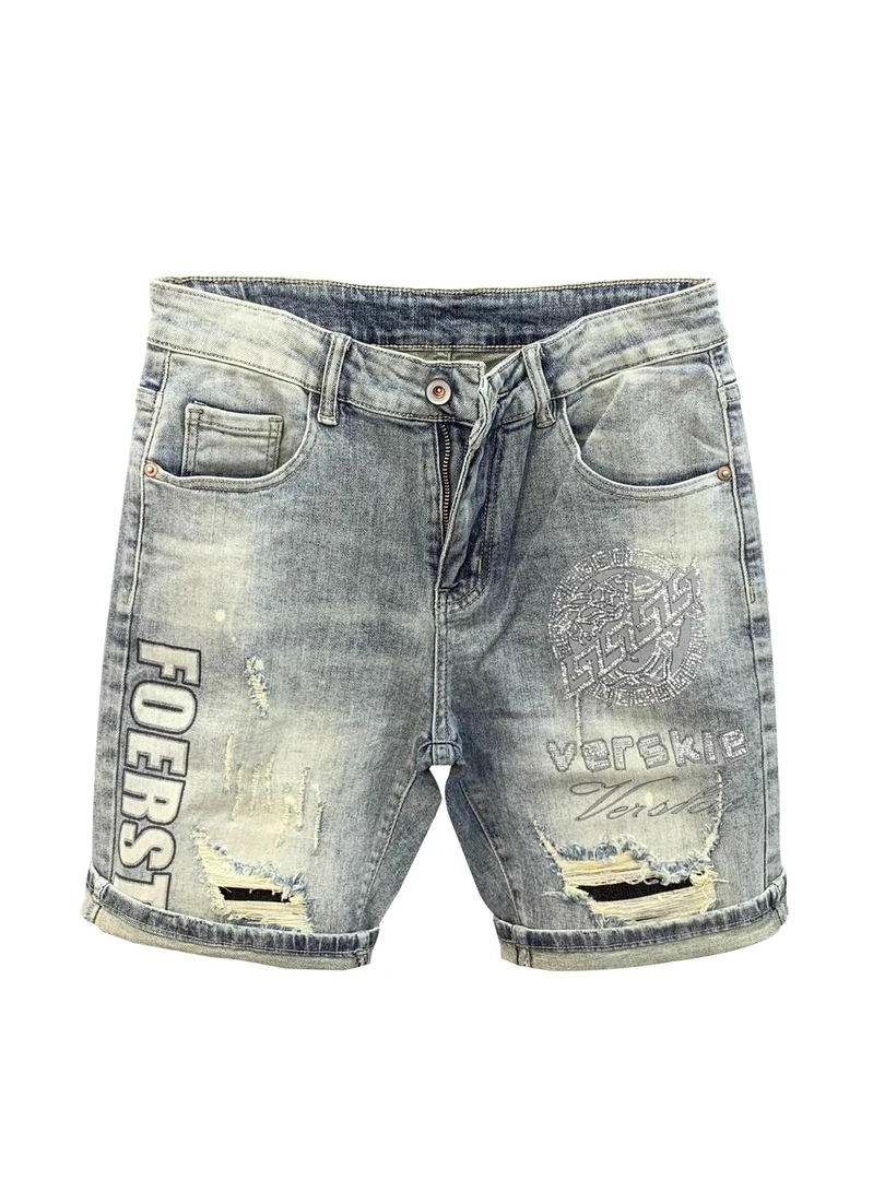 瑟图肖欧洲站高端烫钻牛仔短裤男士破洞印花水洗休闲百搭牛仔短裤
