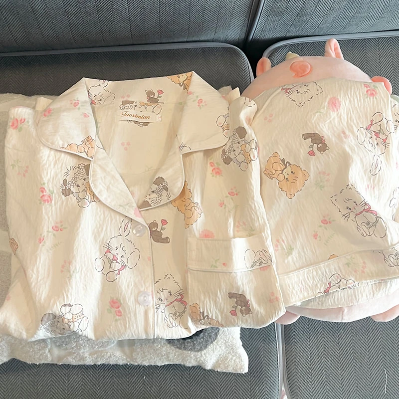 ins风甜美卡通睡衣女夏季新款短袖开衫学生可外穿小猫家居服套装
