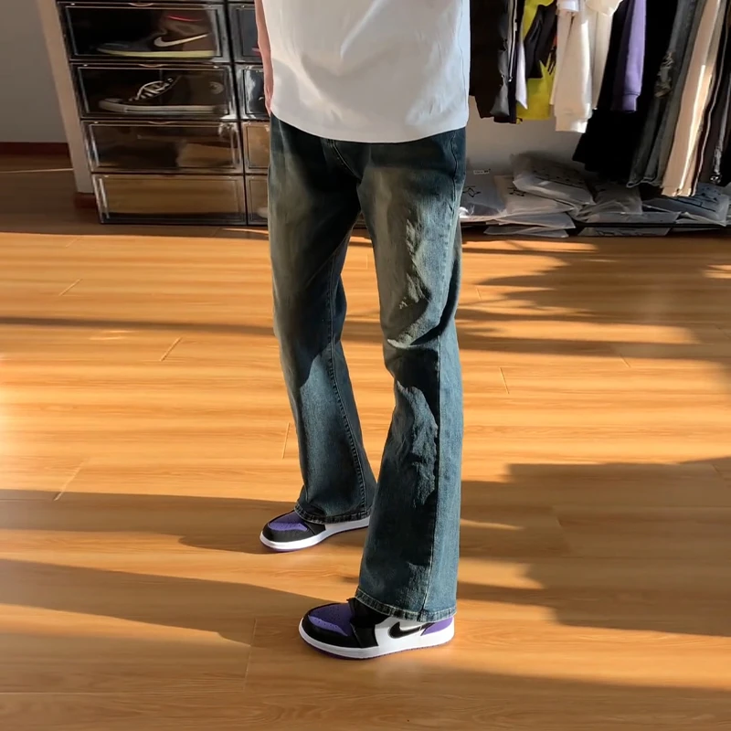 cleanfit复古蓝微喇牛仔裤男款春秋潮牌痞帅直筒裤子美式弯刀长裤