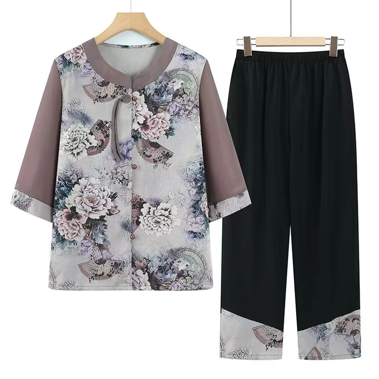 9013-中老年妈妈夏季套装老奶奶休闲舒适中式国风两件套（李亚）