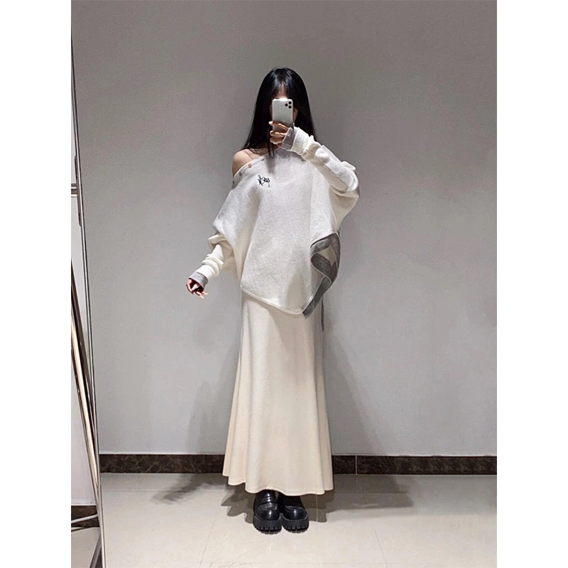 氛围感蝙蝠袖上衣鱼尾半身裙套装女早春季不规则慵懒松弛感两件套