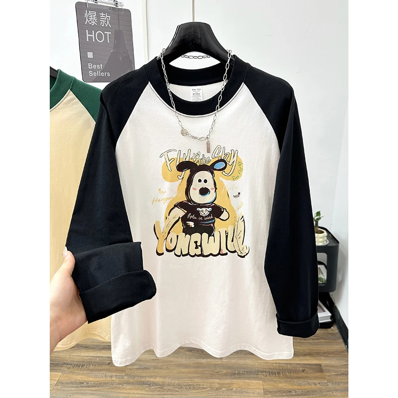 2025春季新款撞色插肩长袖T恤女时尚洋气印花纯棉宽松设计感上衣