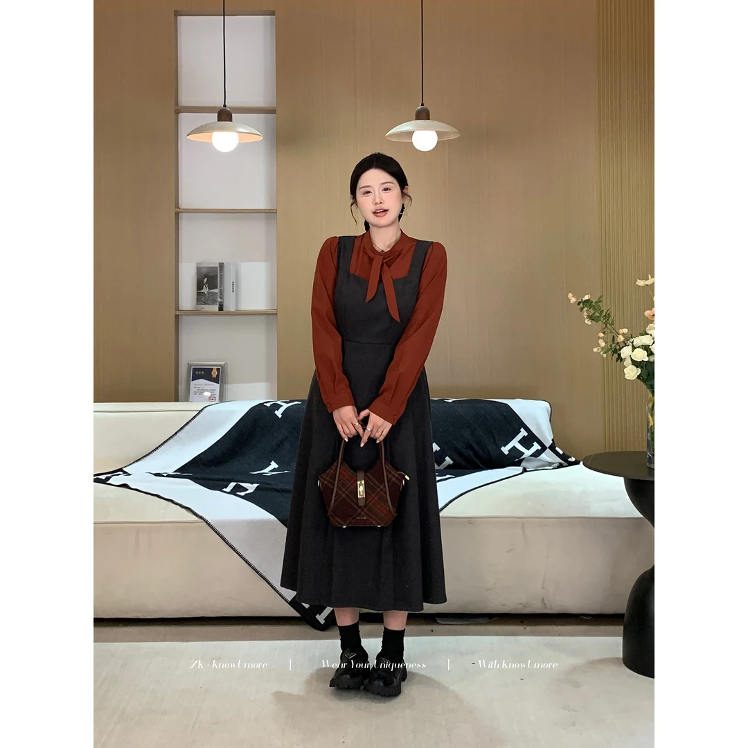 知葵微胖定制【韩综欧尼】秋冬学院风背心裙真两件套装12244L8244