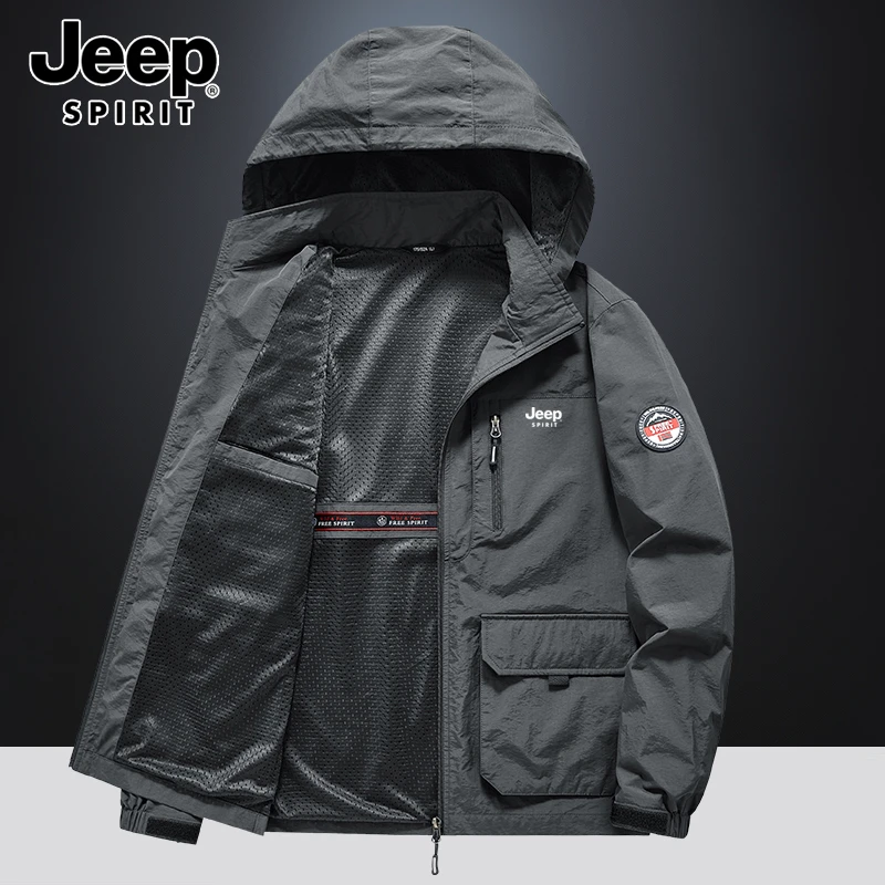 Jeep吉普春季薄款多口袋外套男防风防水冲锋上衣大码工装户外夹克