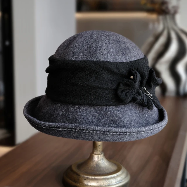 帽子 商澳洲贵妇盆毡帽版女卷羊毛保暖秋冬时尚高端小野帽边花朵