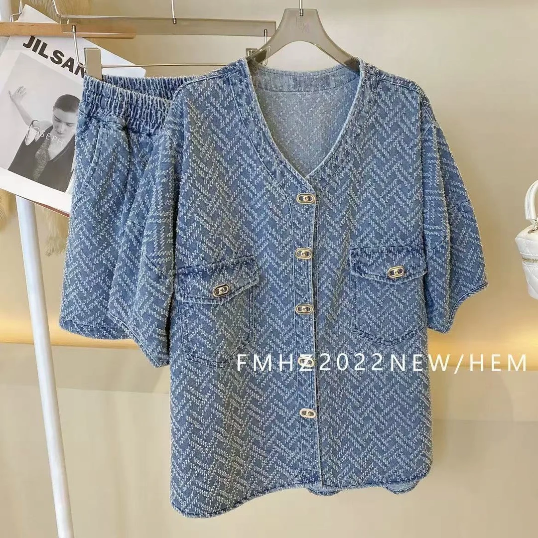 2089【凡家衣橱】时尚百搭洋气重工牛仔短袖短裤套装气质夏季