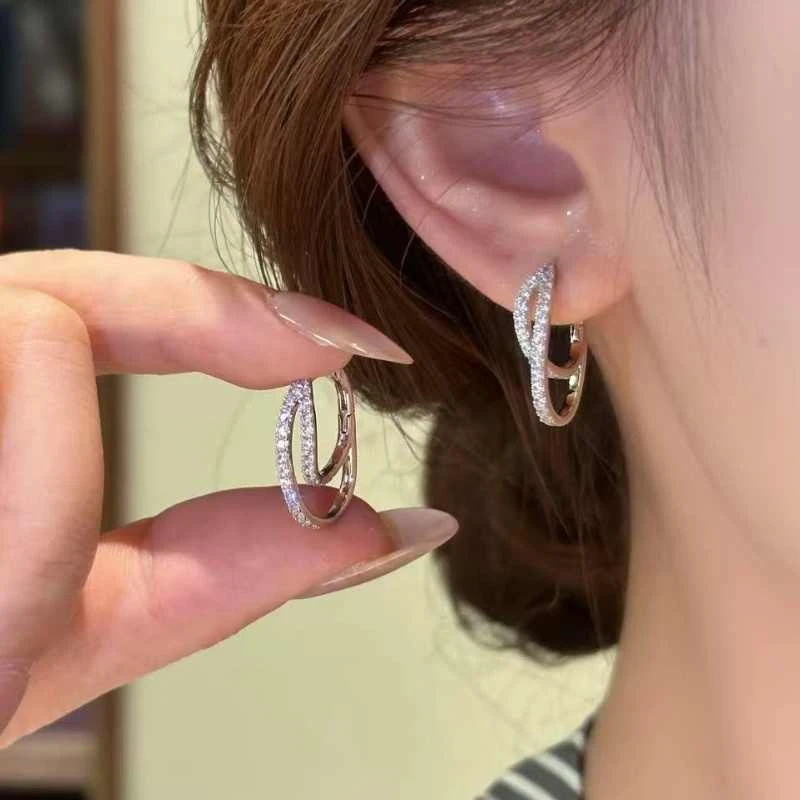 铜合金耳饰 小众独特设计满钻双层耳环圈圈女轻奢高级感气质耳饰