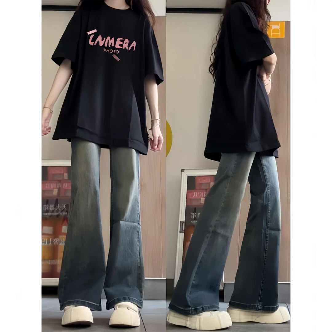 FAVMARTHA黑色短袖T恤女大童夏装2025新爆款初中高中学生休闲百搭