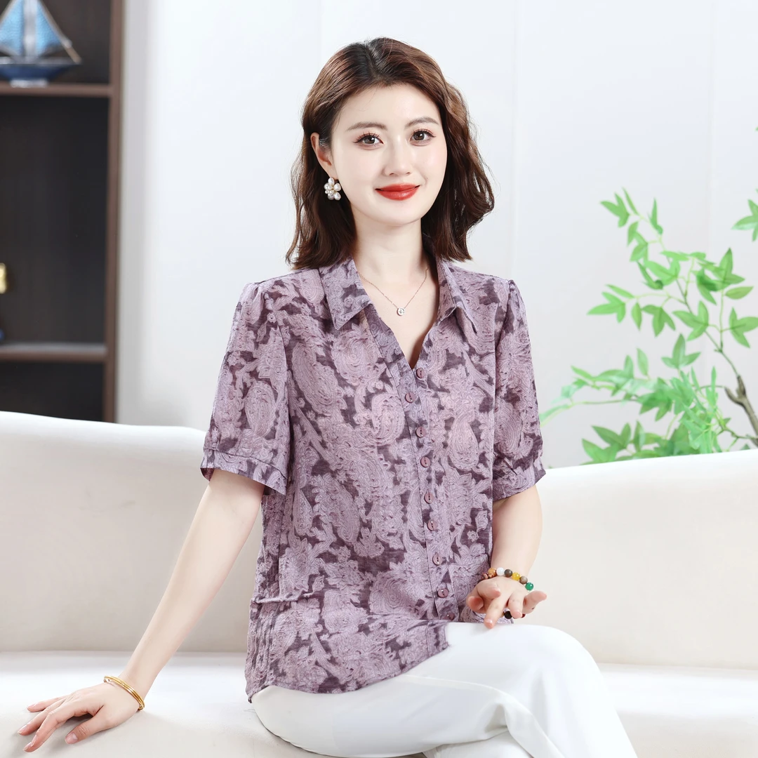 2025夏季新款中老年女士印花短袖衬衫百搭时尚宽松简约小衫