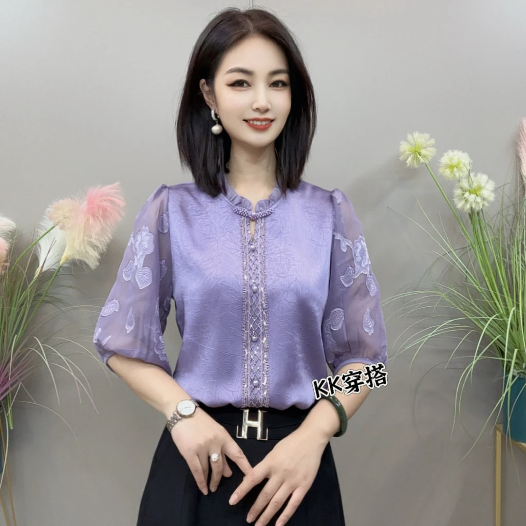 【KK】BX2091夏季经典小花边领拼接蕾丝五分袖款气质百搭衬衫
