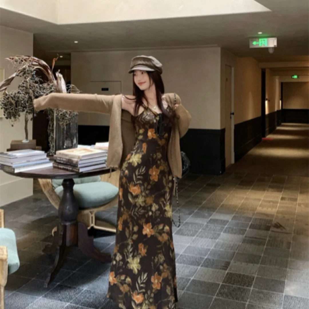 复古印花吊带裙搭配波浪边开衫套装-3501