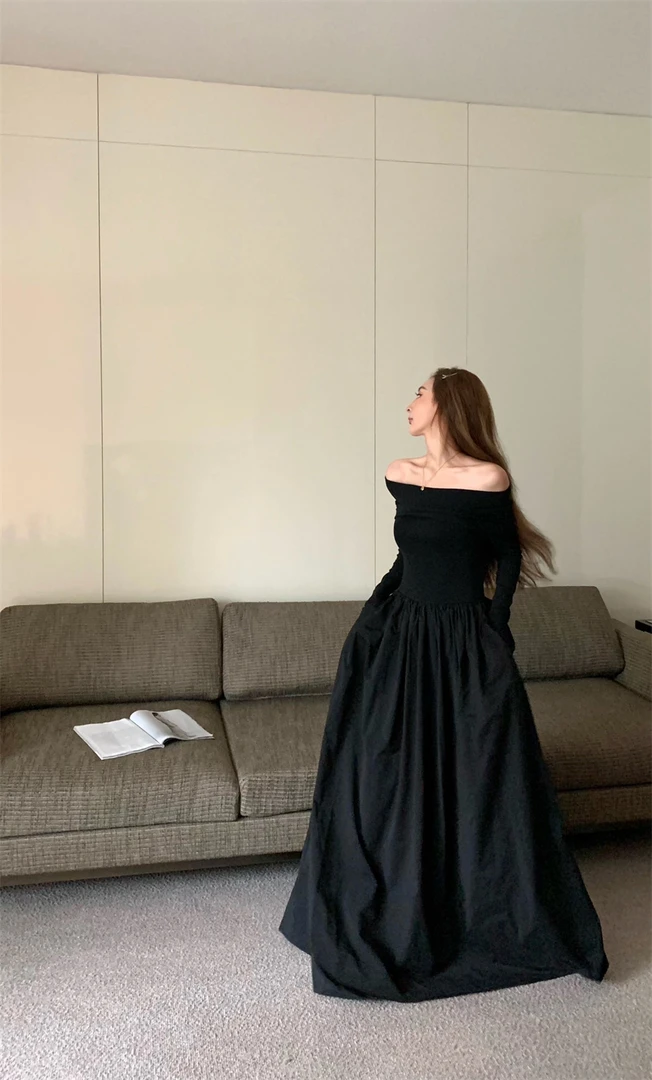 复古气质高级感显瘦一字肩袖长连衣裙长裙#7674