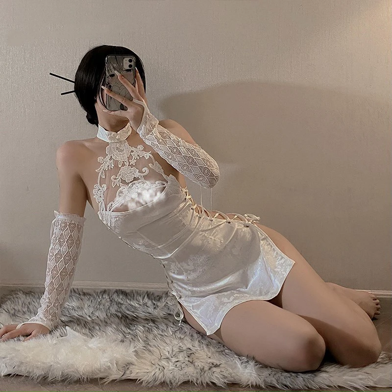 性感睡衣挂脖显瘦旗袍镂空绑带制服套装辣妹修身包臀复古连衣裙