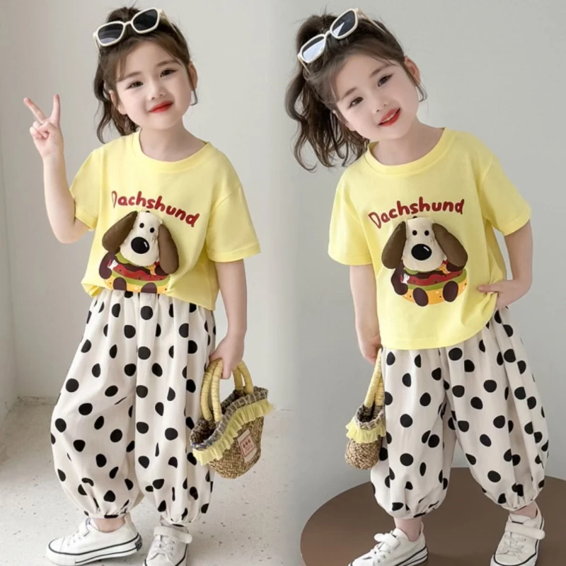 【韩系童装】女童洋气套装2025夏装休闲短袖T恤波点休闲裤两件套