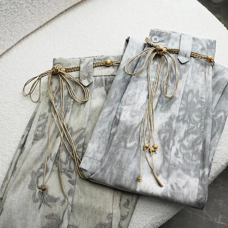 【夏季上新】墨染亚 麻天蚕 丝新中式复古薄款凉皱显瘦直筒阔腿裤