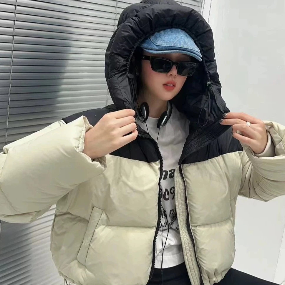 新款肯豆风拼色连帽面包服短款显瘦羽绒服K2491