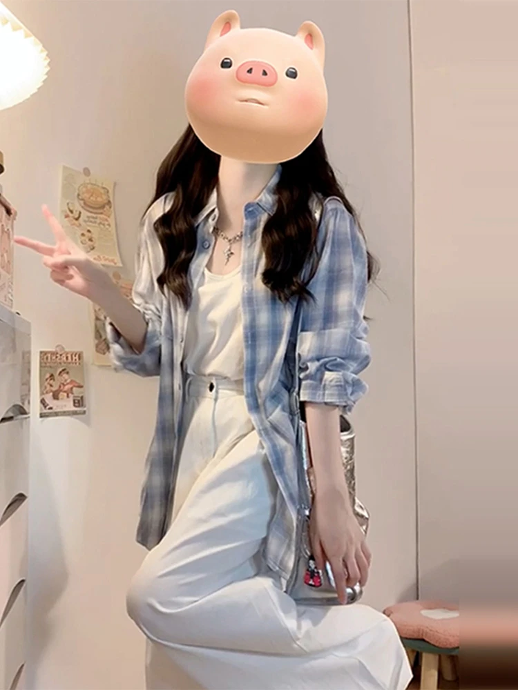 早秋蓝色格子衬衫上衣女2025新款夏季高级感韩系薄款长袖衬衣外套