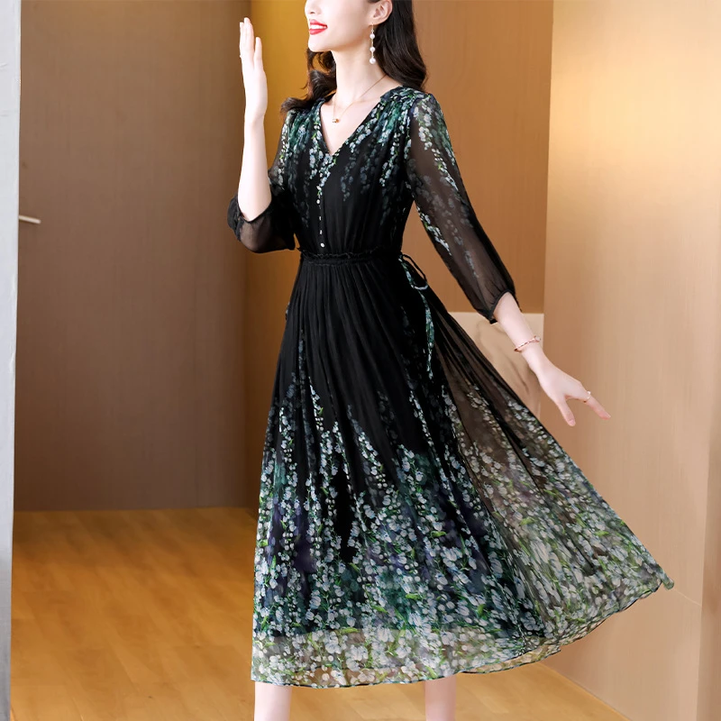杭州桑蚕丝连衣裙女夏季2024新款时尚优雅减龄女士气质碎花大码裙