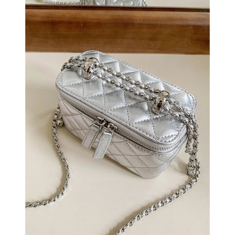 真羊皮小香风双金球盒子包女高级感菱格链条包单肩斜挎迷你口红包