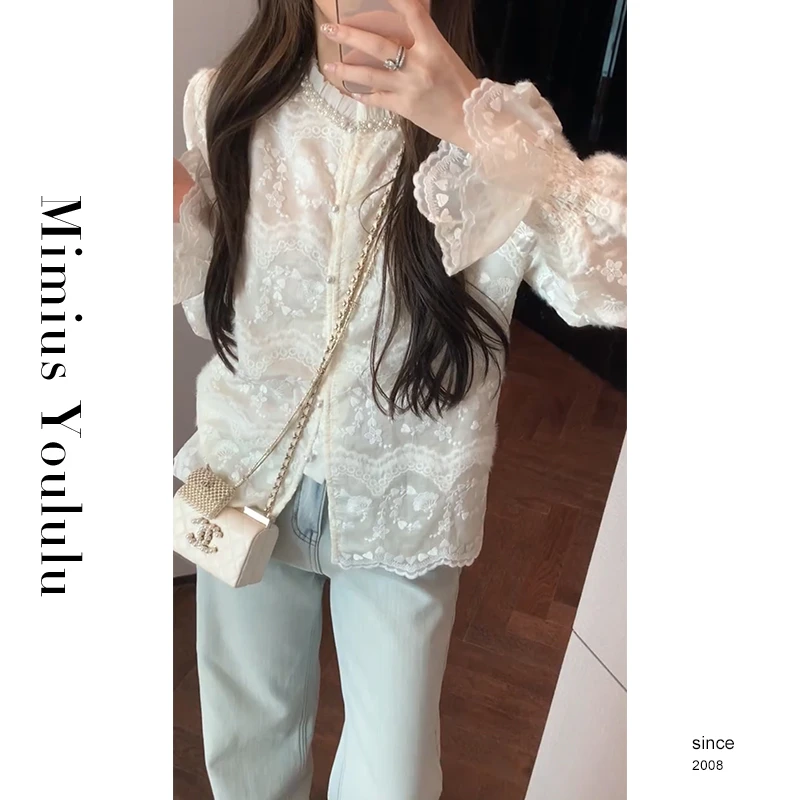 【mimius】七七 法式重工蕾丝刺绣珍珠扣加绒衬衫 汉服 F11299