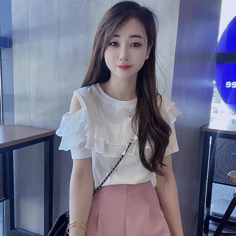 杜拉妮2025夏季新款气质复古时尚拼接木耳边短袖T恤女独露肩百搭