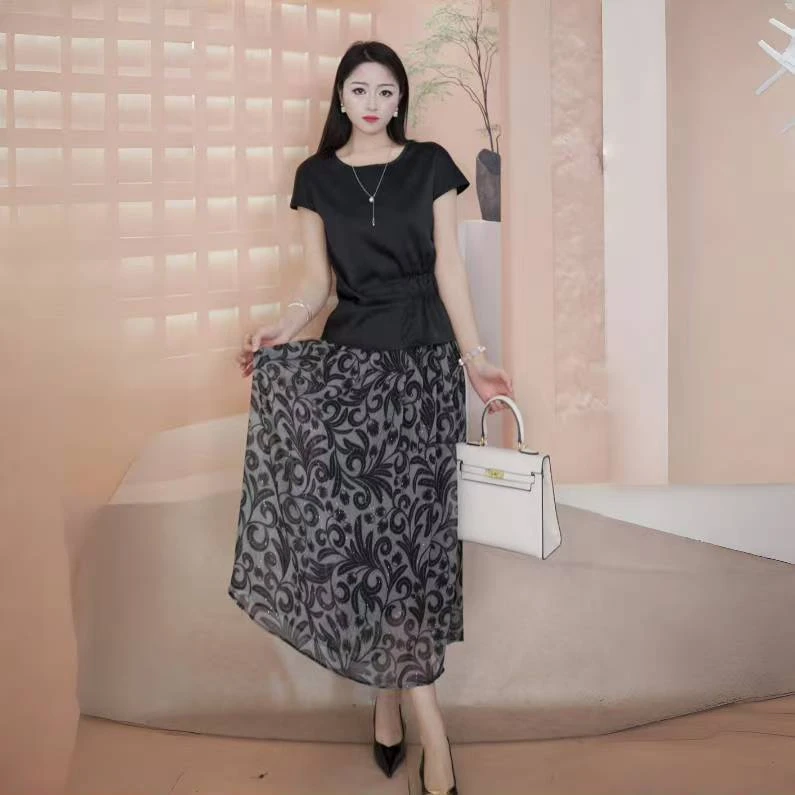 （杭州西湖门店直发）半身裙女夏季新款高腰显瘦长裙百褶大摆长裙