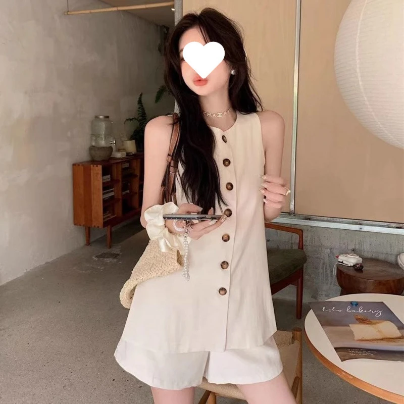时尚休闲套装女夏季2025新款高级感小香风无袖背心阔腿短裤两件套
