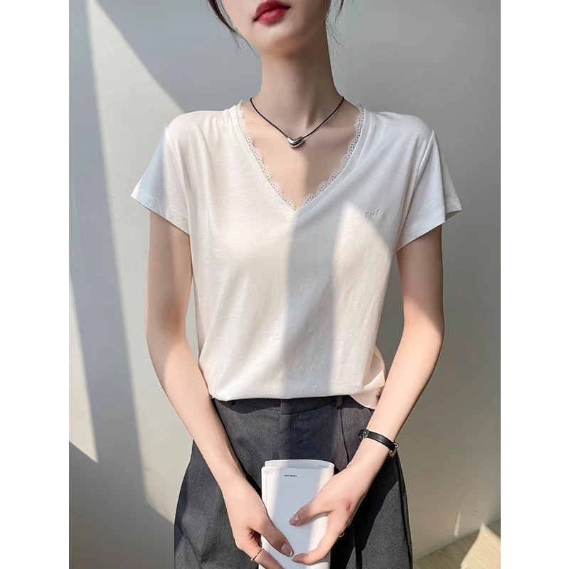 白色短袖女T恤夏季蕾丝v领设计感小个子设计感内搭打底衫正肩上衣