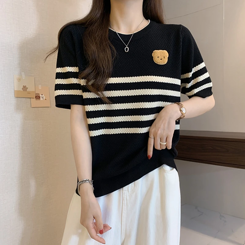 2025新款洋气减龄条纹冰丝打底衫女百搭外穿遮肚子显瘦短袖t恤