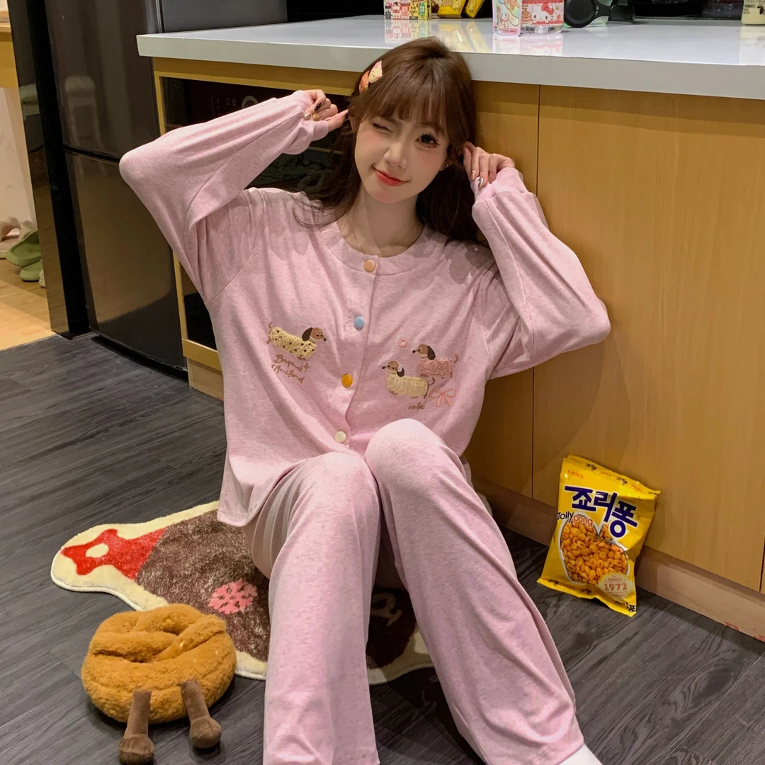 春秋季长袖薄款2025年新款睡衣女卡通休闲简约韩版宽松家居服套装