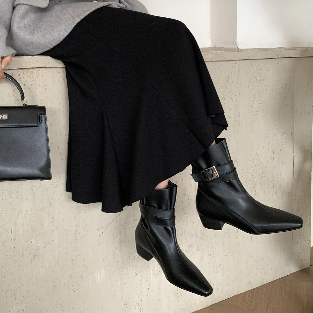 手工制作3.5cm新款老钱风冬季尖头瘦瘦靴爆款短靴冬季加绒女靴